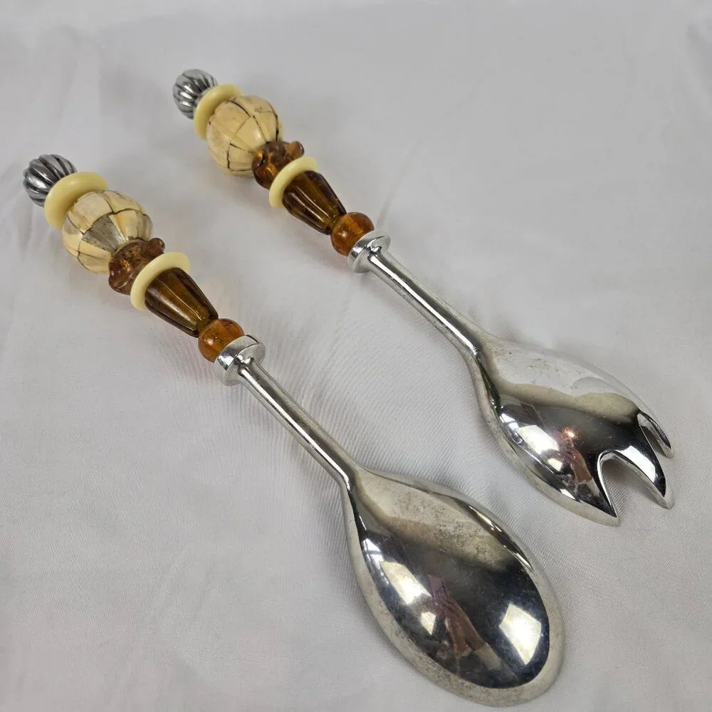 Vintage Serving Pieces Fork Spoon Amber Glass Cream Bakelite Beads Silver Plate